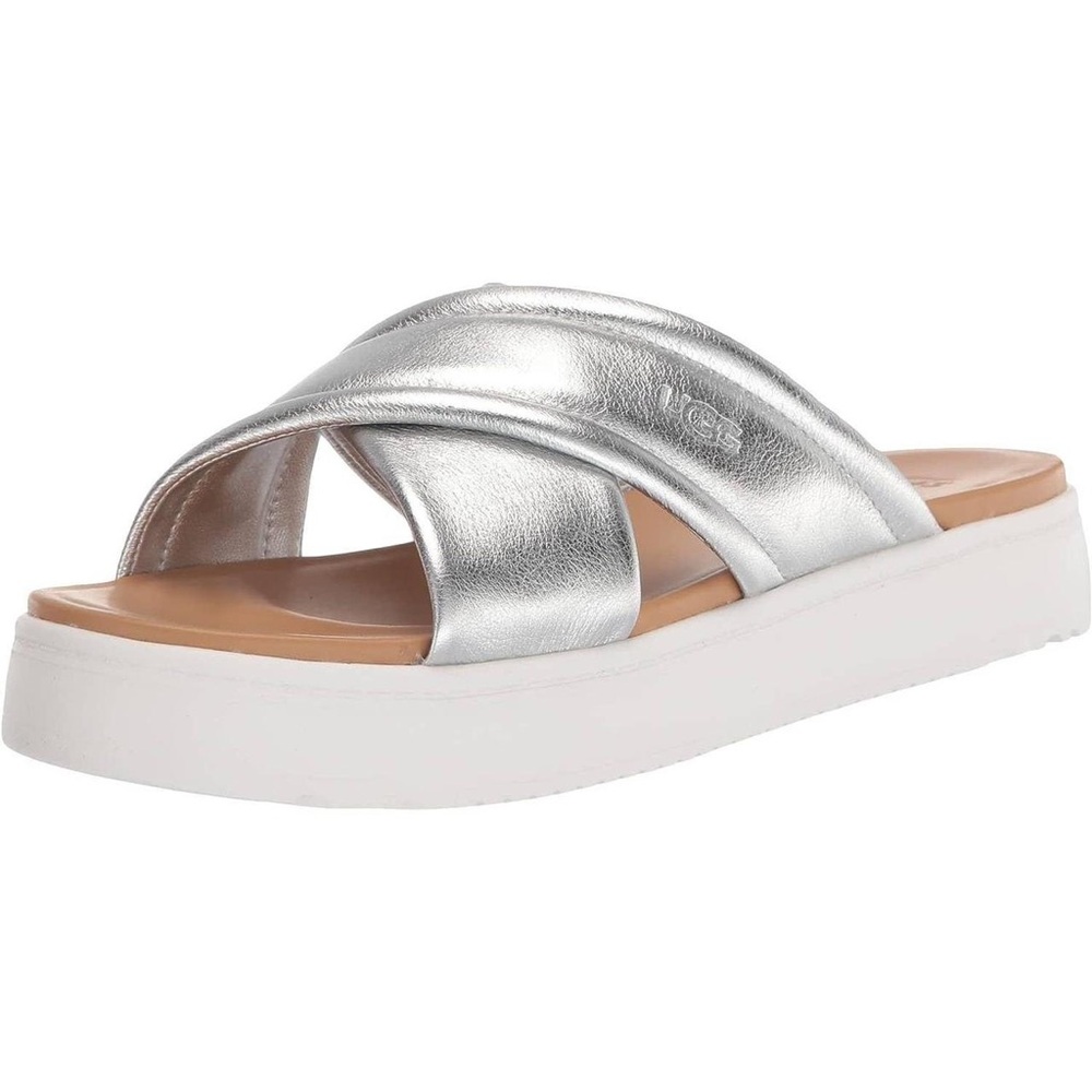 UGG Zayne Silver Leather Platform Slides Sz 6.5 BNWB